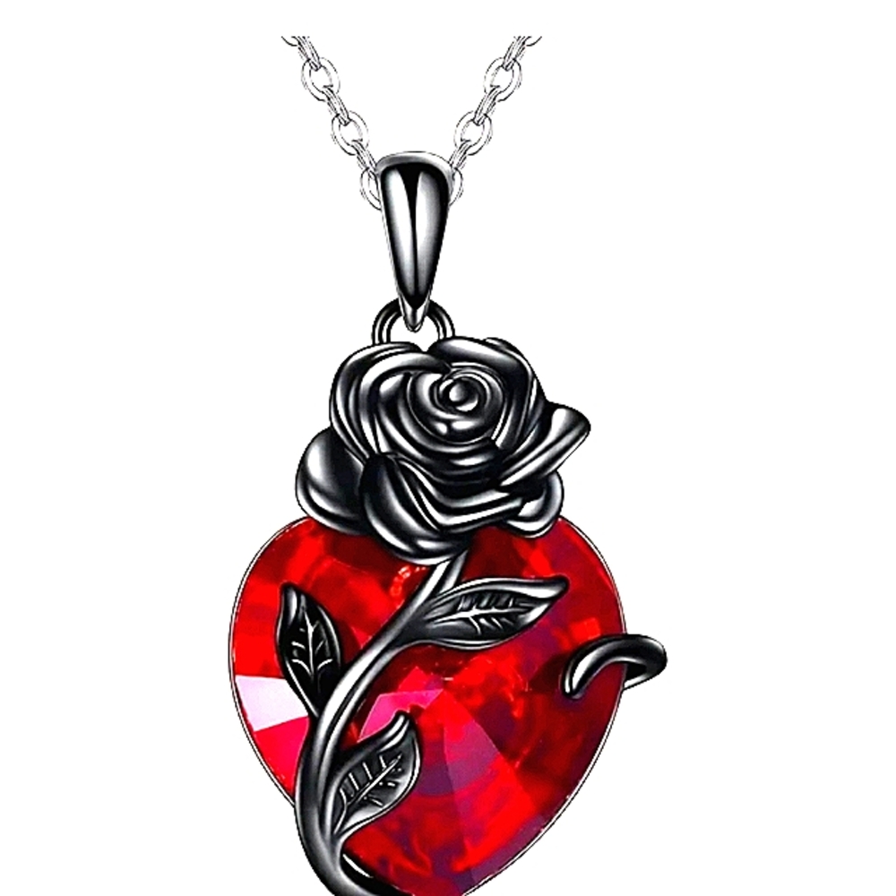 Red Heart Rose Pendant Necklace Antique Silver Goth Women's Jewelry NEW